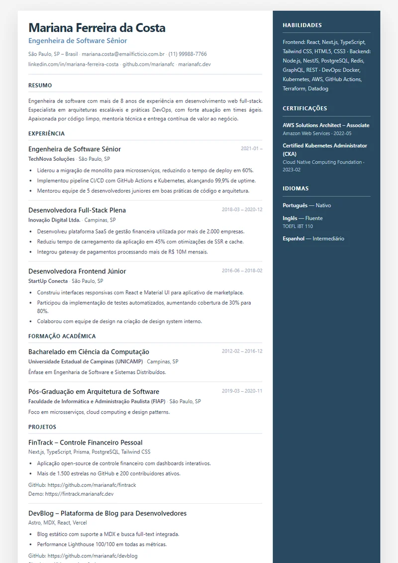 Modelo de currículo LinkedIn
