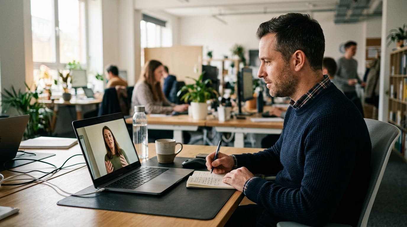 Recrutador analisando entrevista por vídeo em tela de computador durante processo seletivo