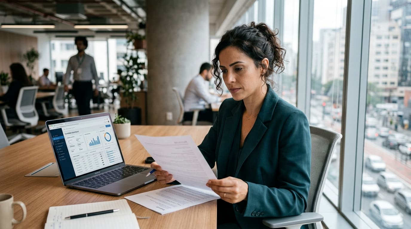 Profissional analisando currículo impresso ao lado do notebook em escritório corporativo iluminado por luz natural