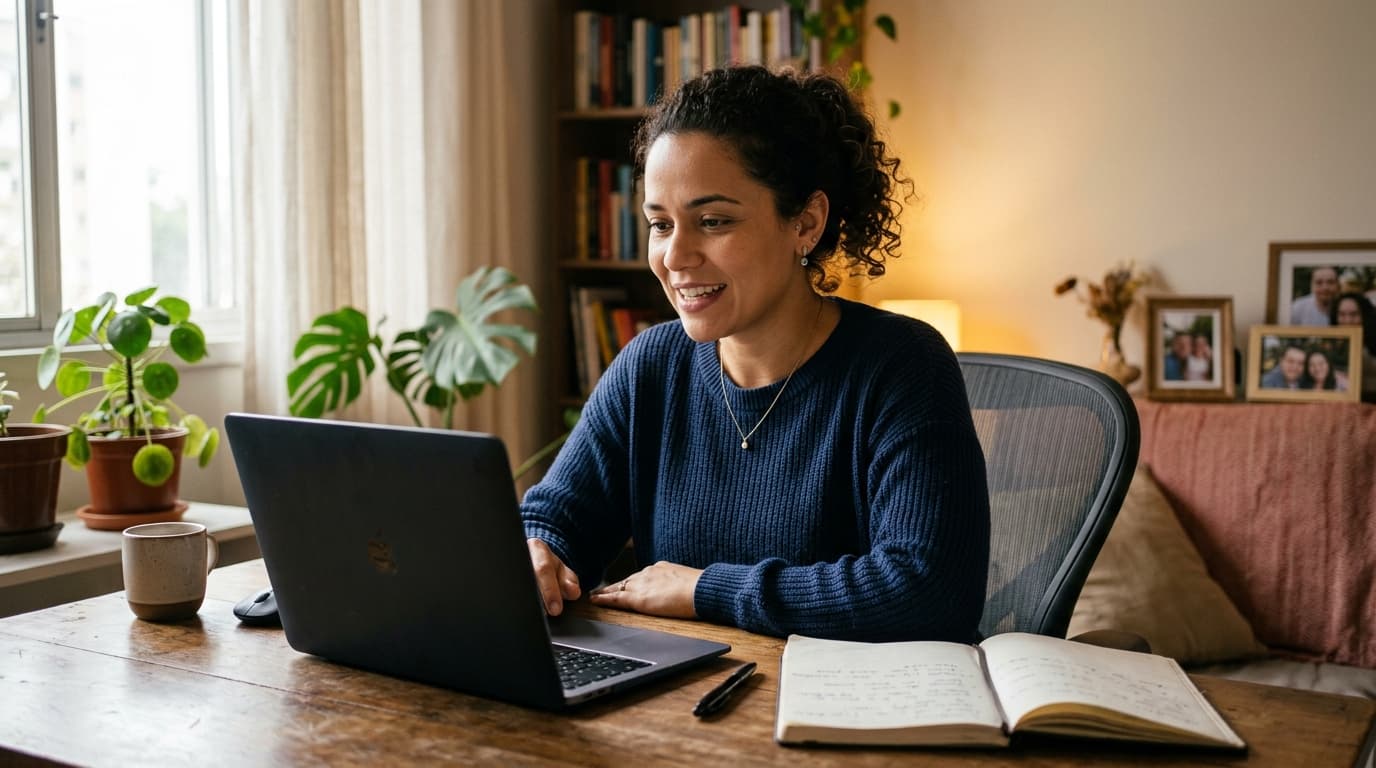 Profissional treinando entrevista de emprego com auxílio de inteligência artificial em notebook no home office