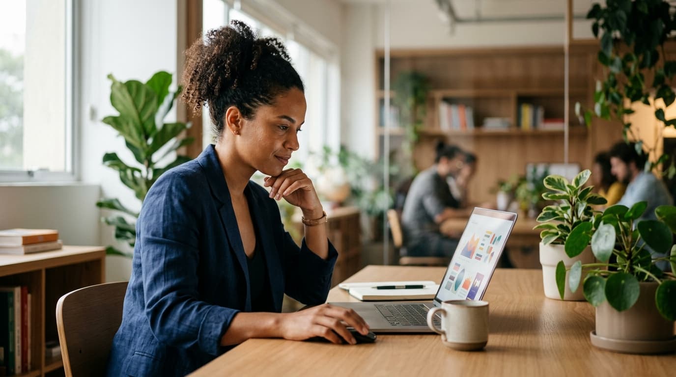 Profissional analisando seu perfil no LinkedIn em um escritório moderno com iluminação natural