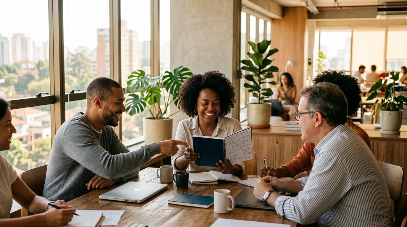 Equipe diversa colaborando em escritório moderno com expressão de satisfação e bem-estar no trabalho