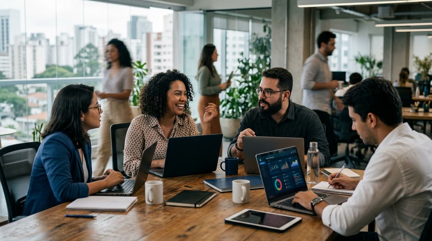 Profissionais brasileiros analisando dados em ambiente corporativo moderno para entender o impacto da IA no trabalho