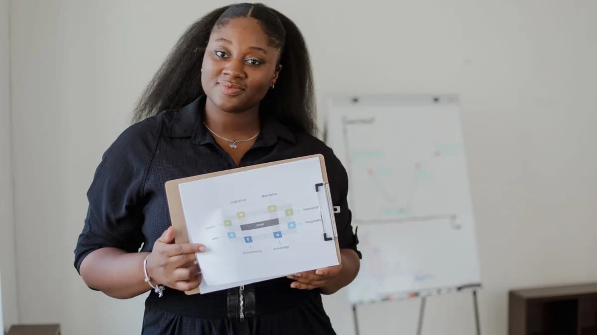 Confident woman giving a presentation with visual aids in a modern office environment.