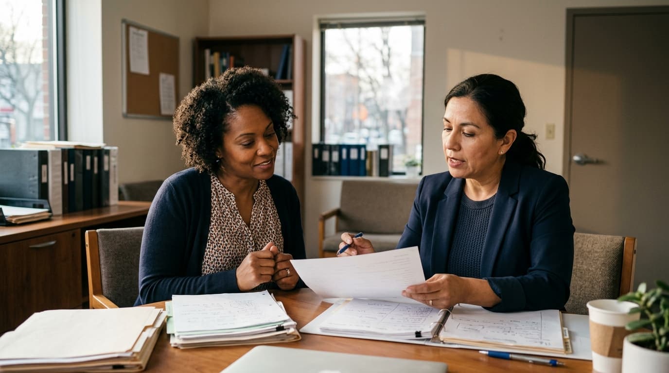 Mulher em ambiente de escritório analisando documentos com assistente social, representando acolhimento e orientação sobre direitos trabalhistas