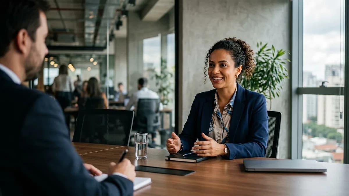 Profissional em entrevista de emprego respondendo perguntas comportamentais com método STAR