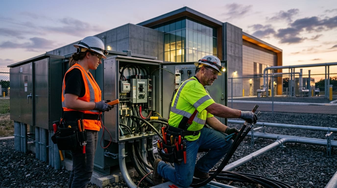 Eletricistas trabalham em infraestrutura elétrica que atende à crescente demanda dos data centers movidos pela inteligência artificial